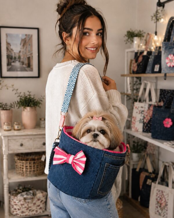 Upcycled Denim Pet Carrier Hot Pink and White